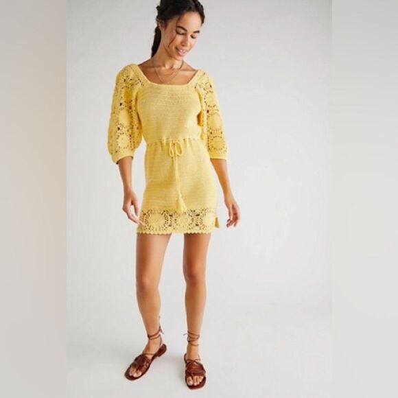 NWOT SPELL Let the Sunshine In Crochet Mini Dress. Color Lemon. Size Medium - Picture 4 of 11